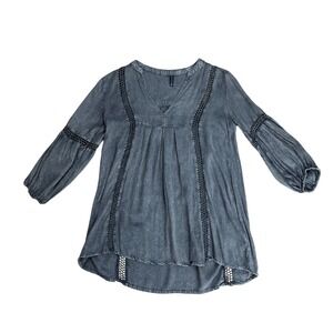 Gray Acid Wash Boho Crochet‎ Lace V-Neck Tunic Blouse Small lagenlook grunge